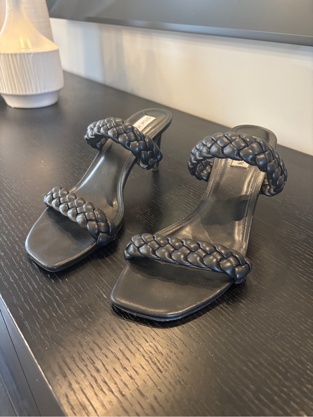 Braided Double-Strap Black Slide Sandals - Women